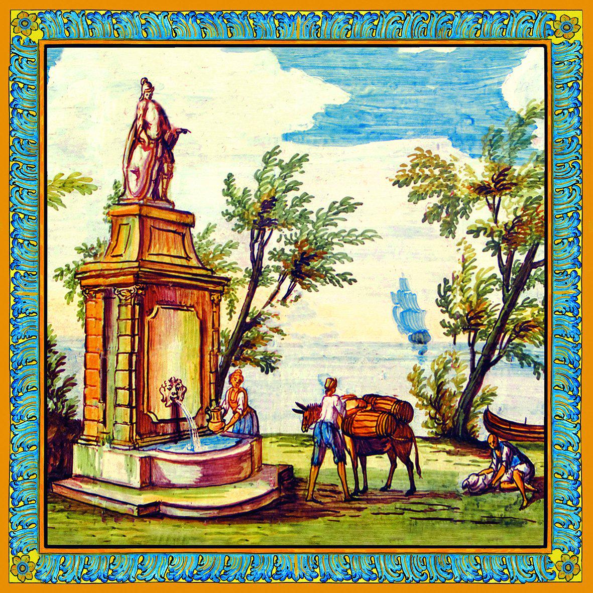 Piastrella singola con decori del Chiostro di S. Chiara riprodotte su cotto artigianale