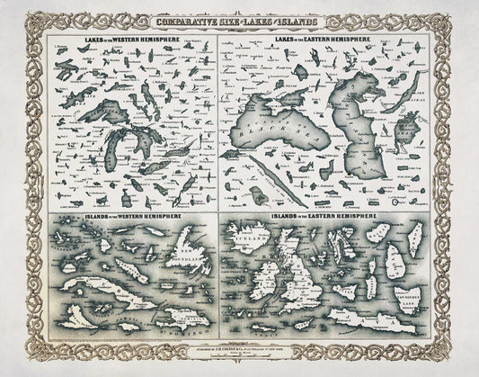 Comparative Size of Lakes and Islands in the Western and Eastern Hemispheres Antique Reproduction