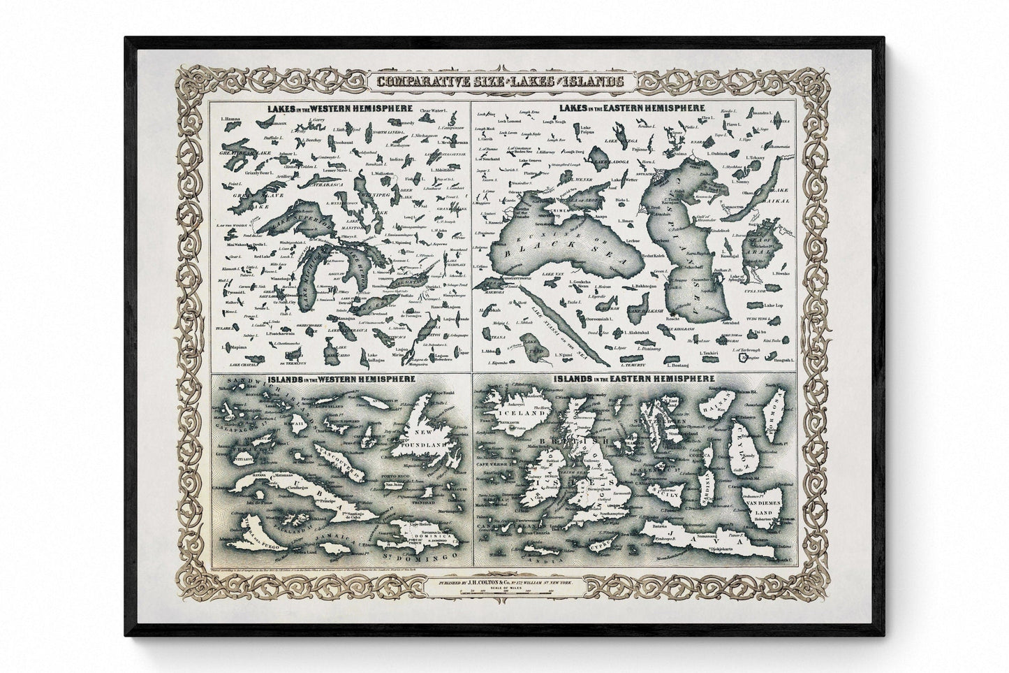 Comparative Size of Lakes and Islands in the Western and Eastern Hemispheres Antique Reproduction